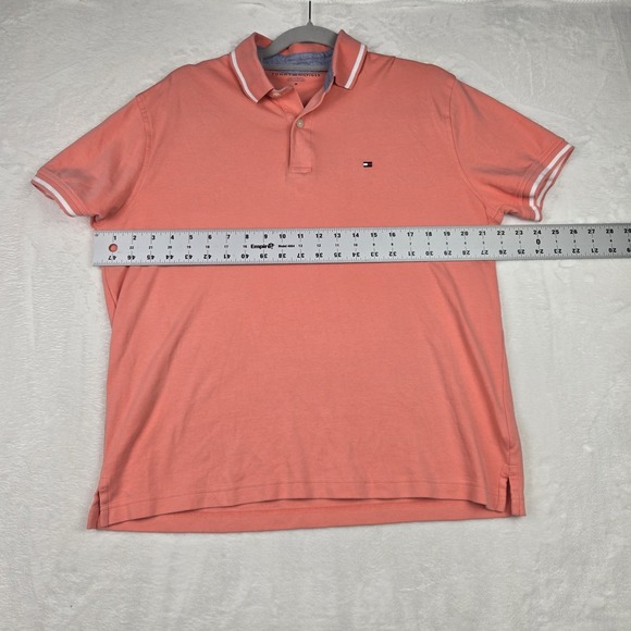 Tommy Hilfiger Men's Orange‎ Pink Polo Size Medium White Piping Logo - Picture 4 of 8